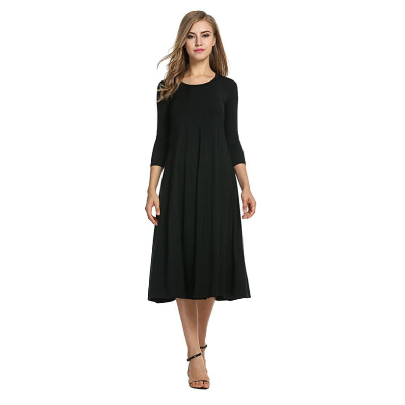 Women's New Mid-sleeve Solid Color Swing Dress