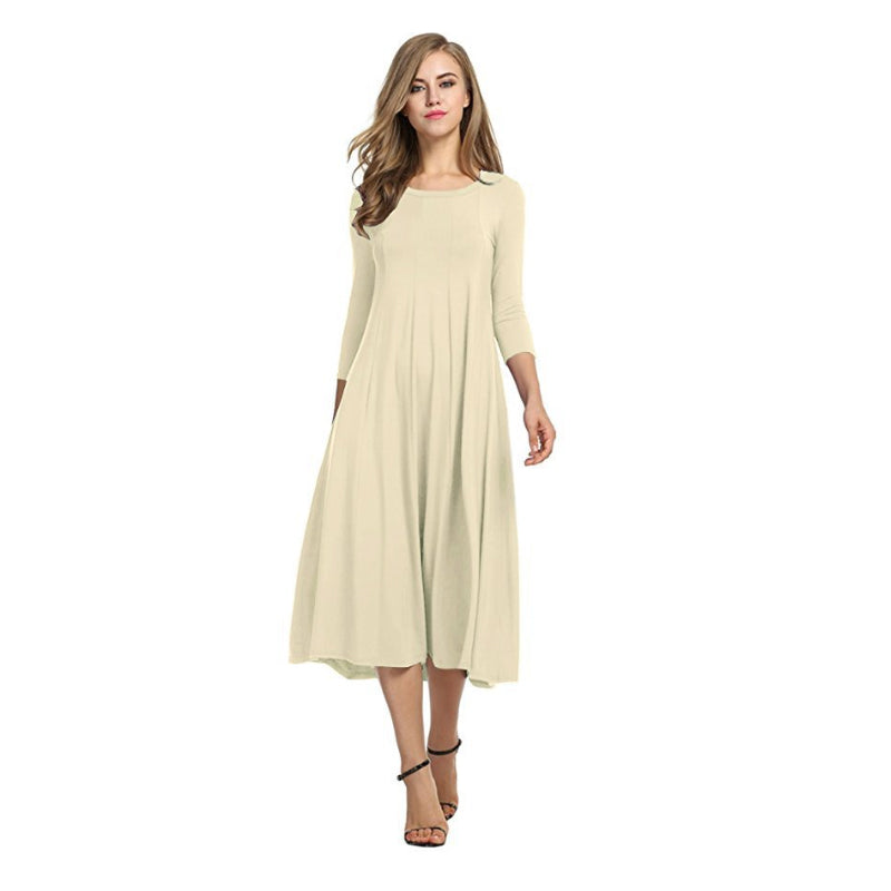 Women's New Mid-sleeve Solid Color Swing Dress